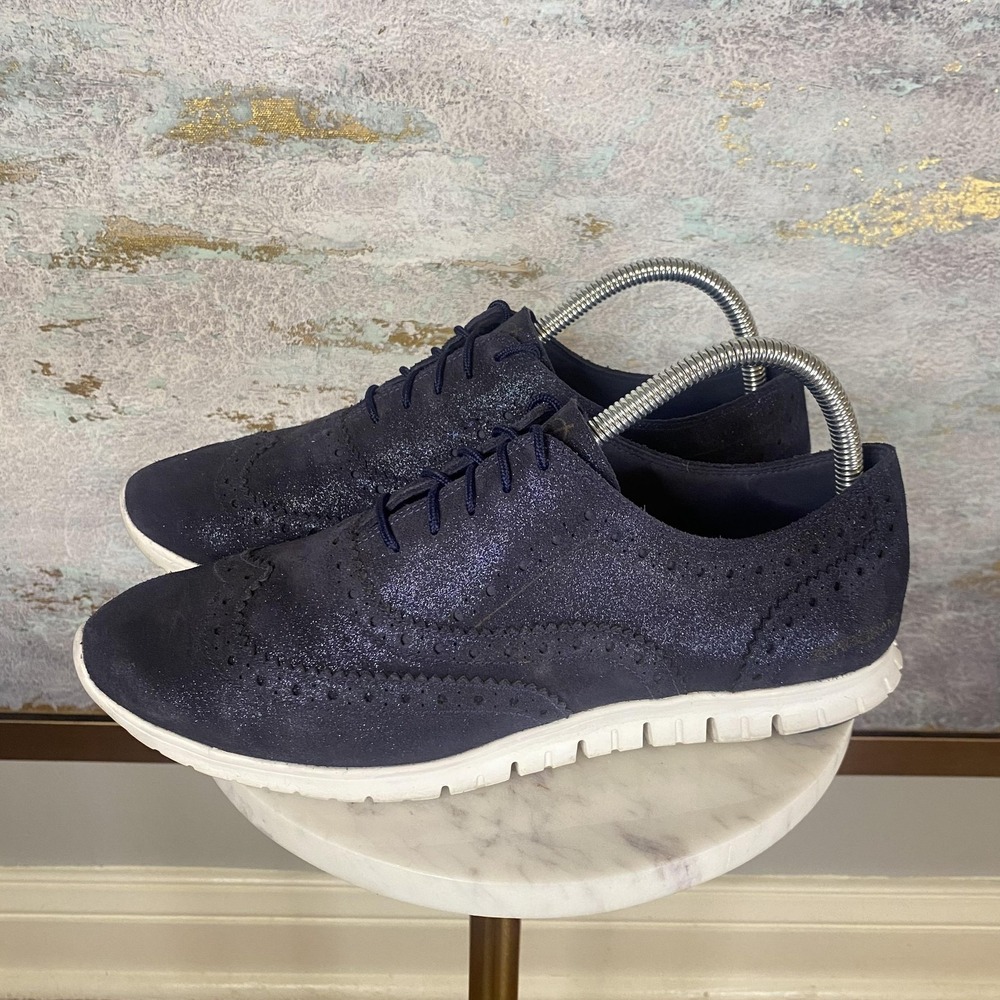 Cole Haan Zerogrand Shoes Womens Size 9.5 Blue Suede Wingtip Flats W09233